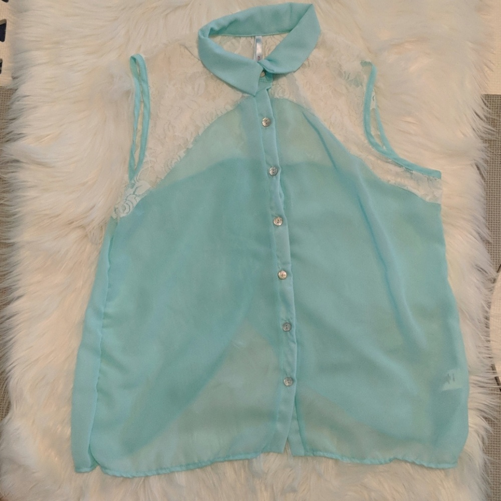 Mint sheer lace open back tank